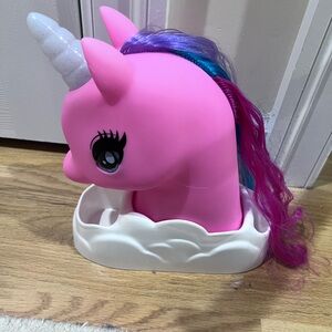 Light Horn Pink Unicorn Head Toy with Rainbow Mane Hair GUC